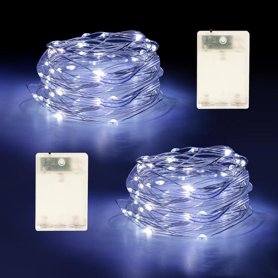 3 x Fairy Lights Battery Operated String Lights 16.4ft 50LED Flashing and Constant Light Waterproof Silver Wire for Christmas DIY Party Wedding Decoration (White, 2 Pack)