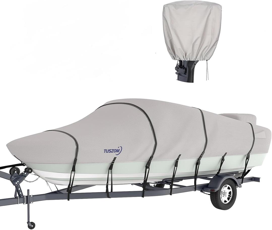 Tuszom 100% Waterproof 1200D Solution-Dyed Boat Cover with 17 Windproof Straps for Trailerable Fits V-Hull, Tri-Hull Bass, Runabout, Fishing, Ski,Bass Boat 17' - 19' L, UP to 96" W (Gray)