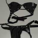 WDIRARA Women's 2 Piece Swimsuit Rivet Halter Triangle Thong Bikini Set High Cut Bathing Suit, M