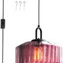 Plug in Hanging Light Glass Globe Pendant Light Plug in Mid Century Modern Pendant Light Fixture with 14.7 ft Cord Purple Striped Glass Shade for Living Dining Room Farmhouse Kitchen