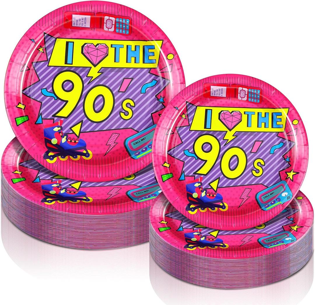 Yungyan 50 Pcs Retro 90S Plates Disposable Paper Tableware 9 Inch Dinner Plates 7 Inch Dessert Party Decoration Supplies