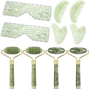 Sliner 10 Pcs Gua Sha Facial Tools Set Jade Eye Mask Scalp Hair Comb Spiked Roller Jade Stone Eye Mask Gua Sha Board White Facial Cooling Set for Spa Relax Alleviate Puffiness Esthetician Supplies