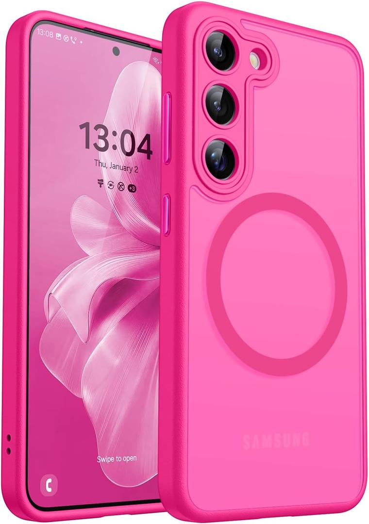 CANSHN Designed for Samsung Galaxy S23 Case [Full Camera Protection] [Compatible with MagSafe] Translucent Matte Shockproof Protective Phone Cover 6.1 Inch - Hot Pink