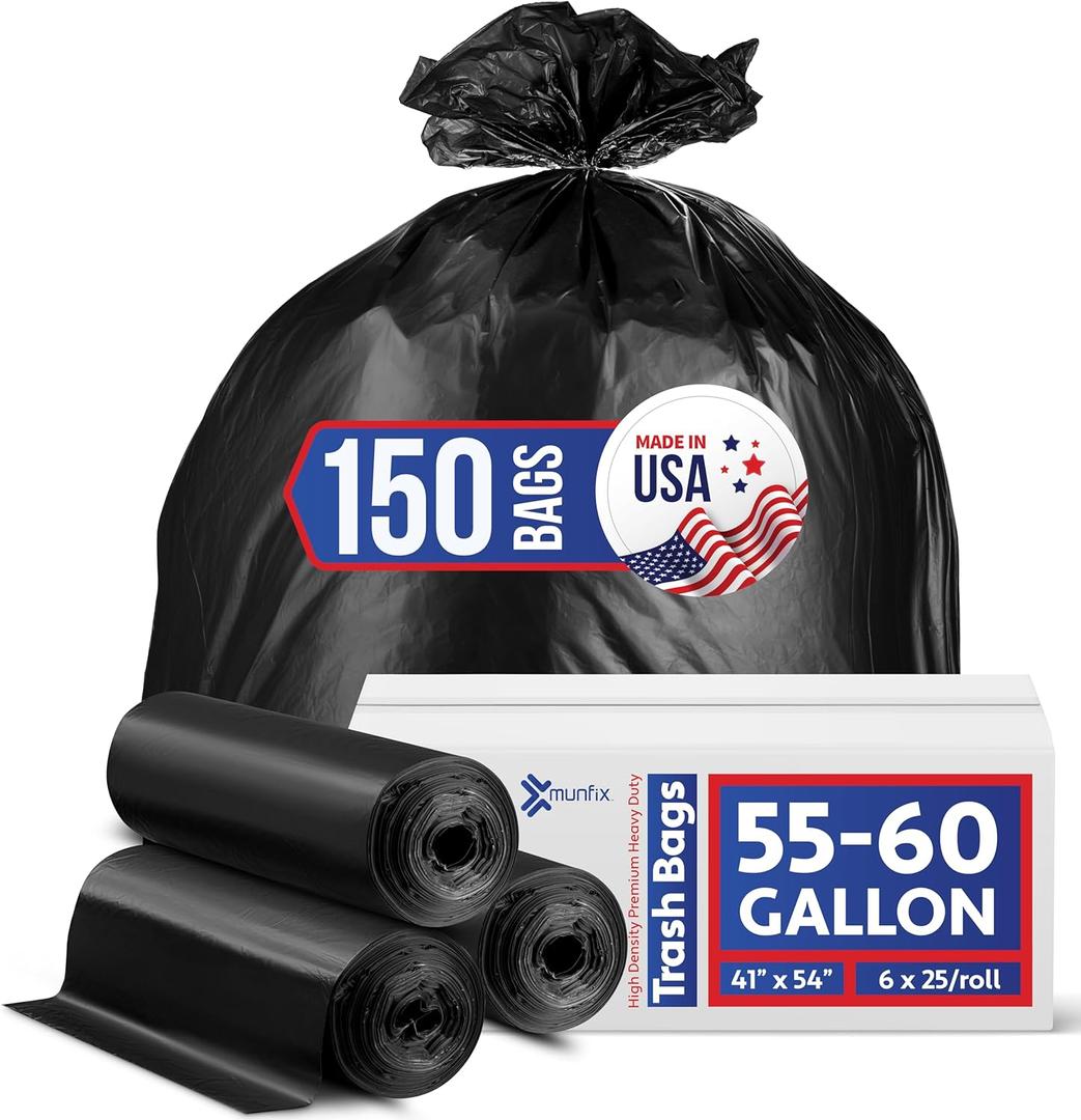 55-60 Gallon Trash Bags Heavy Duty - Bulk 150 Pack Large Garbage Bags - Big Black Commercial Trash Can Liners - Made In USA