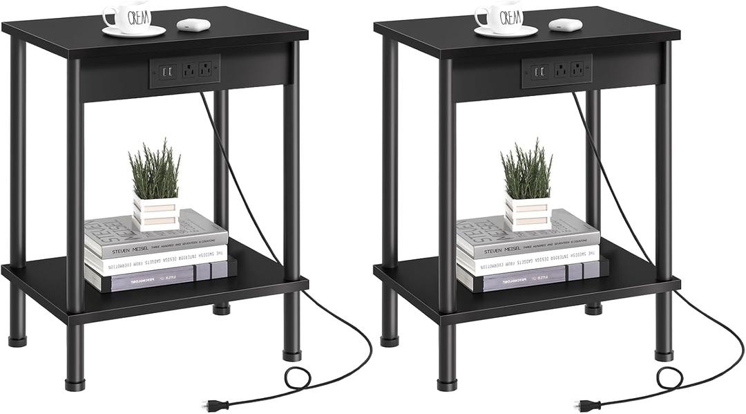 End Table with Charging Station,Small Side Table,2-Tier Nightstand with Storage Shelf,Sofa Bedside Table for Small Spaces in Living Room,Bedroom,Office,Easy Assembly,Black