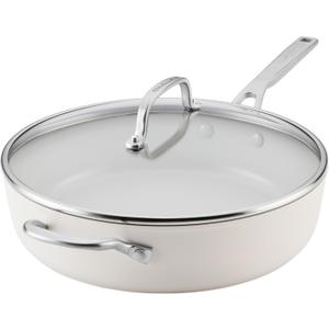 KitchenAid Hard Anodized Ceramic Induction Nonstick Cookware Saute Pan/Jumbo Cooker with Lid and Helper Handle, Dishwasher Safe, 5 Quart Sauteuse with Stainless Steel Handles - Porcelain White