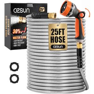 Cesun 25 ft Metal Garden Hose, Stainless Steel Heavy Duty Water Hose With 10 Function Nozzle, No Kink & Flexible, Lightweight and Durable, Rust Proof for Yard, RV, Pet Bath, Outdoor, 25 foot x 5/8"