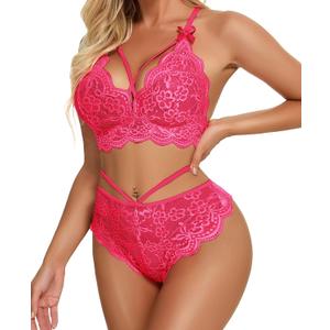 Lingerie for Women Lace Bralette and Panty Sexy Strappy 2 Piece Bodydoll Pink XX-Large