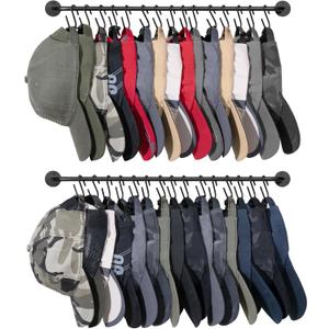 Mkono Hat Rack for Wall Baseball Cap Organizer Hanger with 30 Hooks Modern Metal Hat Holder Wall-Mounted Caps Display for Closet Door Bedroom Entryroom Laundry, Set of 2 (Black, Medium)