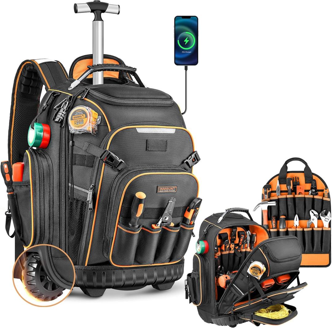 Tool Backpack Bag With Wheel, Heavy Duty Rolling Tool Backpack Hvac On Wheel Tool Bag For Men, For Electrician Construction Work Jobsite, Large Tool Organizer Men With Molded Base & Combination Lock