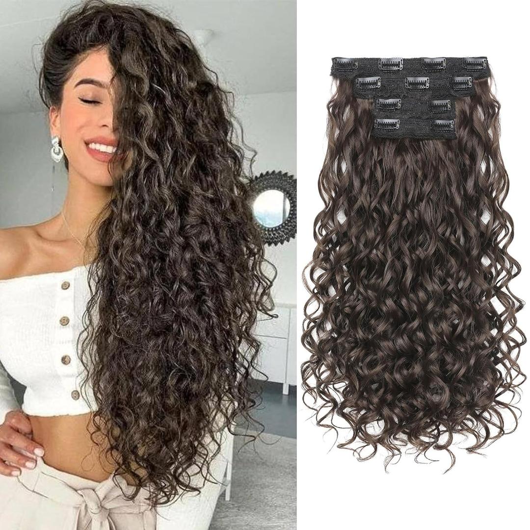 REECHO Curly Hair Extensions, 4PCS 20 inch Clip in Hair Extensions Lace Weft Short Curly Extensions Clip Ins Invisible Natural Hairpieces for Women, Chocolate Brown