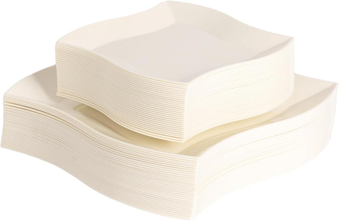 64 PCS Ivory Plastic Plates,Ivory Square Disposable Plates Heavy Duty,Include 32 Dinner and 32 Dessert Plates for Wedding&Thanksgiving