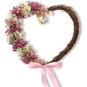 Dingion Boho Valentines Day Wreath Decorations 18 Inch Artificial Pink Heart Grapevine Wreaths for Front Door Baby's Breath Wreath for Anniversary Wedding Party Wall Window Mantel Decor