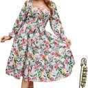 Women Square Neck Floral Dress Long Sleeve Boho Wedding Guest Dresses (S)