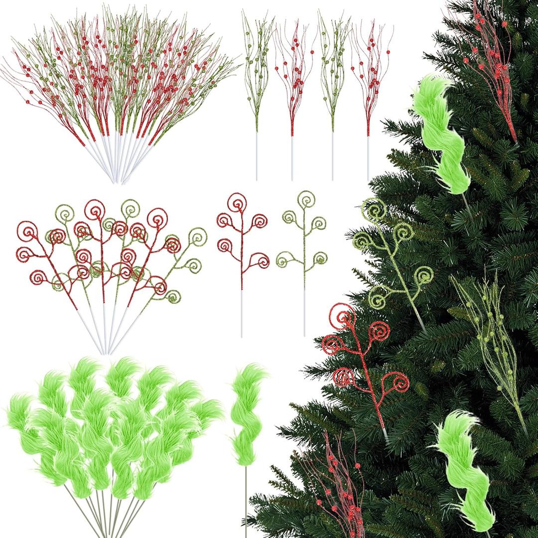24 Pcs Christmas Tree Picks Set Furry Lime Green Curly Picks Stems Red Green Artificial Glitter Curly Berry Candy Sprays Ornaments Stems for Xmas Tree Topper Home Vase Fillers Decorations
