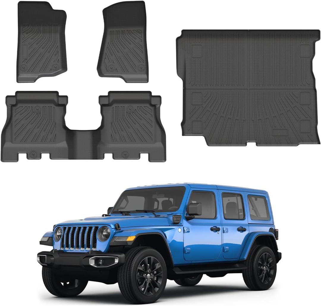 Powerty Floor Mats Cargo Liner for Jeep Wrangler JL Gas 2018-2026 Unlimited 4-Door with Subwoofer (Non JK or 4XE) All Weather 3D TPE Anti-Slip Car Protection, 1st & 2nd Row Set Accessories