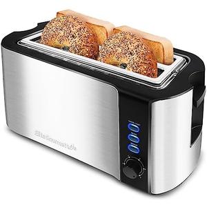 Elite Gourmet ECT-3100 Long Slot 4 Slice Toaster, Reheat, 6 Toast Settings, Defrost, Cancel Functions, Built-in Warming Rack, Extra Wide Slots for Bagels & Waffles, Stainless Steel & Black