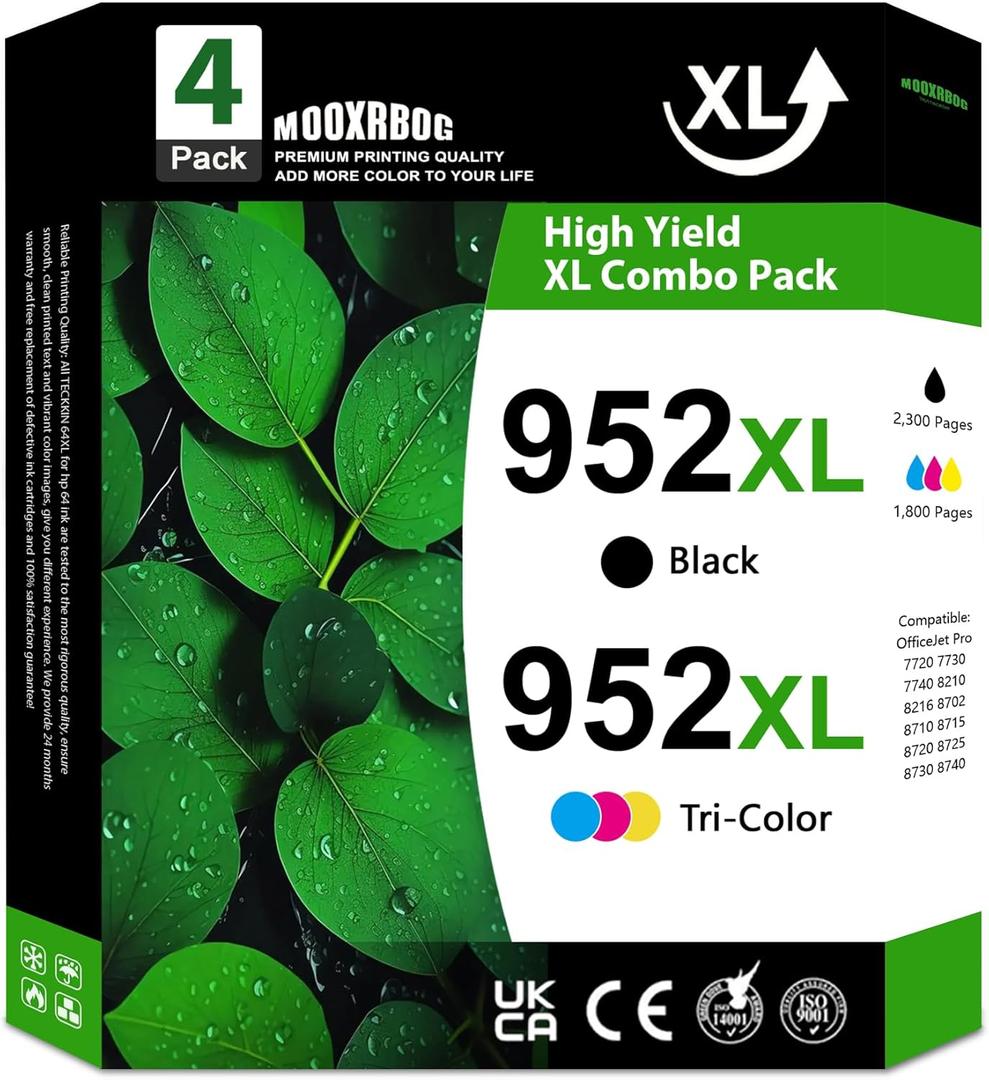 952XL Ink Cartridges High Yield (4-Pack, Black/Cyan/Magenta/Yellow) Replacement for HP 952 952XL Ink for OfficeJet Pro 7740 8210 8702 8710 8715 8720 Printer