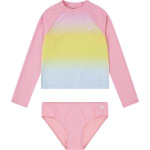 Hurley Girls Long Sleeve Rash Guard 2-Piece Swimsuit (8, Pink Flamingo)