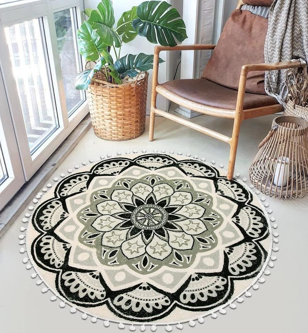 Uphome Round Rug 3ft Black Mandala Boho Rug with Pom Pom Fringe Non-Slip Washable Circle Bath Mat Soft Cute Blooming Medallion Throw Rug for Entryway Bedroom Powder Living Room Nursery