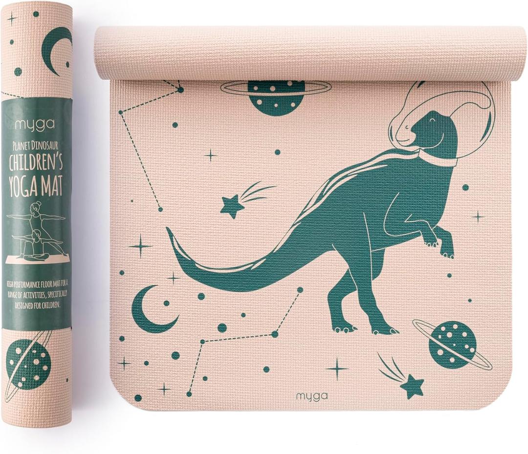 Myga Silk Print Kids Yoga Mat,Non-Slip Yoga Mat for Childrens Exercise, Fitness, Yoga and Mindfulness Lightweight, Easy Clean Play Mat for Girls and Boys (Dino)