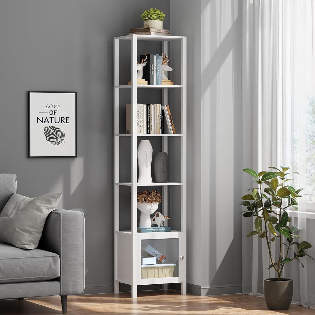 TUTOTAK 6 Tier Bookcase and Bookshelf, Narrow Book Shelf with Door for Small Space, for Living Room, Office, Study, Entryway, White BS03BW006 (6 Tier(10.7 x 15 x 65.3 Inches))
