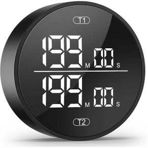 Dual Digital Kitchen Timer for Cooking, 199 Minutes Countdown & Stopwatch, Productivity Timer for Fridge, Big Digits, High-Definition Display, Rotary Adjustment, 3 Volumes, 2 Brightness Levels, Black
