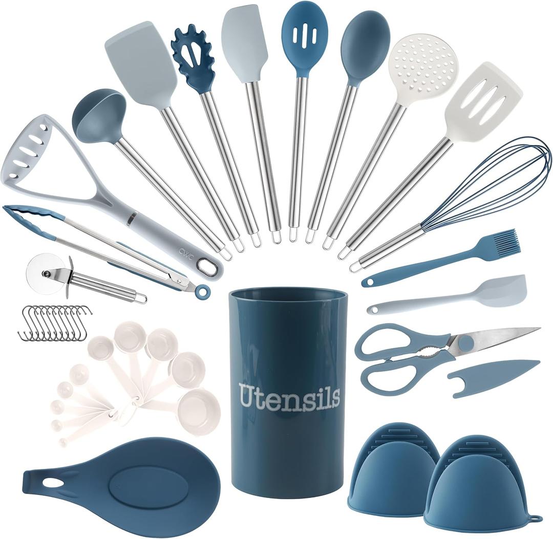 COOK WITH COLOR Silicone Cooking Utensils, Kitchen Utensil Set, Easy to Clean Silicone Kitchen Utensils, Cooking Utensils for Nonstick Cookware, Kitchen Gadgets Set, 38 Piece, Blue and White