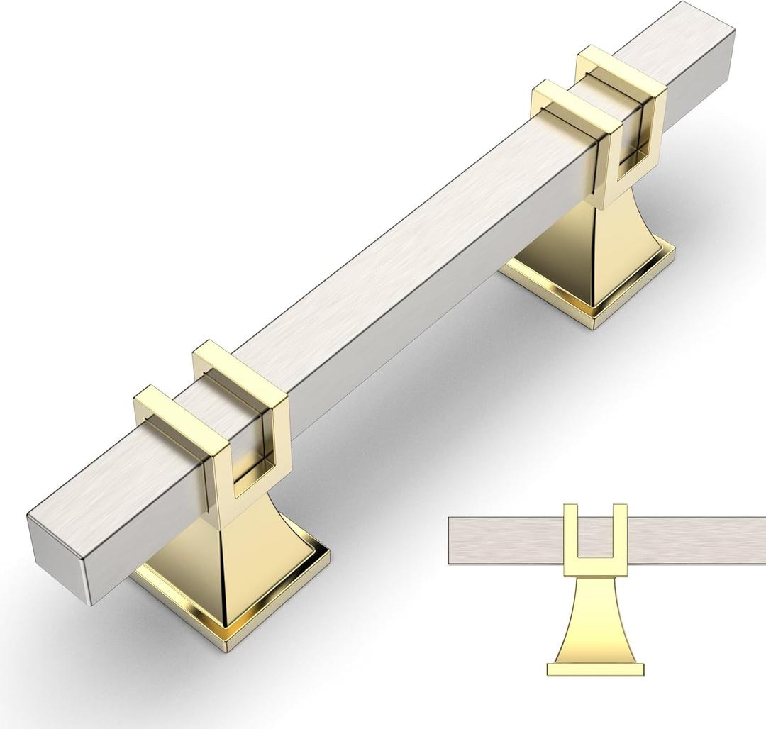 Amerdeco 10 Pack Brushed Satin Nickel and Gold Cabinet Pulls 3 Inch(76mm) Hole Center Drawer Pulls Cabinet Hardware Kitchen Cabinet Handles for Bathroom Dresser Pulls ZH0067