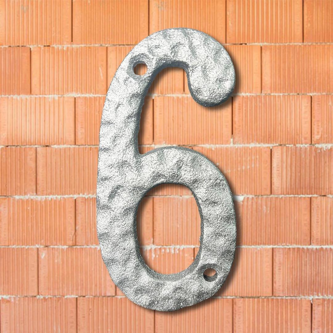 Cobata 4 inch Cast Iron Mailbox Numbers - Screw In & Hammer Surface Finished House Numbers - Rustproof/Fade Anti-resistant/Silver/Number 6