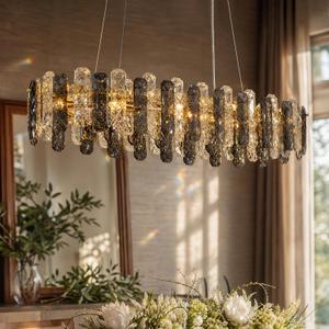 36-inch Modern Crystal Chandelier,10-Light K9 Smoke Grey Crystal Rectangle Chandelier for Dining Room,Kitchen Island Adjustable Hanging Pendant Light Fixture,L36
