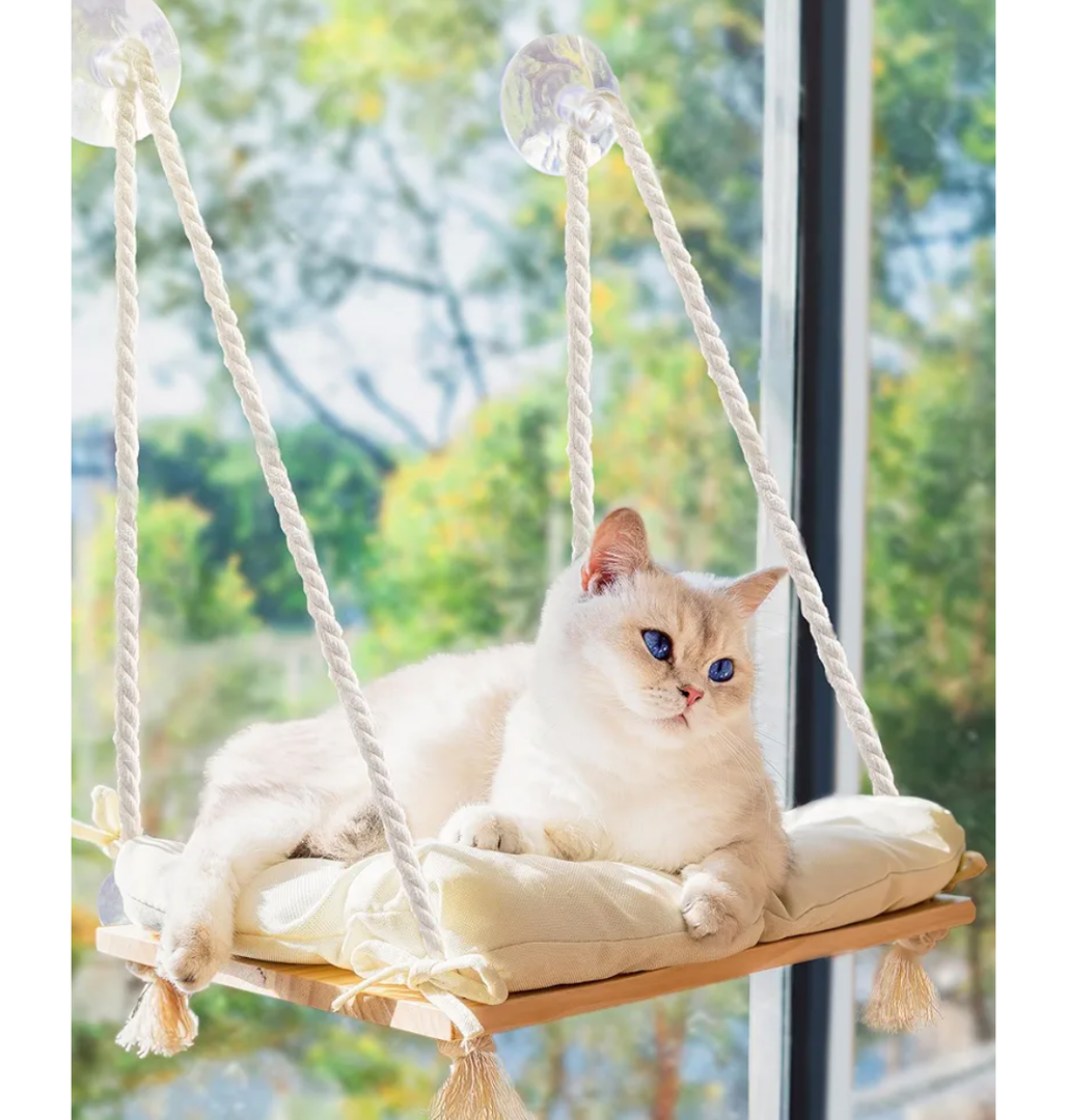 Cat Window Perch with Industrial-Grade Suction Cups - Solid Pine Wood Hammock Bed, Soft Cushion - 42 lb Capacity for Cats Inside