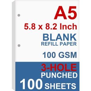 A5 Filler Paper, 3 Hole Planner Refills, Organizer, Binders, Total 100 Sheets/200 Pages, 100gsm, Blank, White Paper, 5.8 x 8.2 Inch, 3 Hole Filler Paper, Mini Binder Refills, Fit 3 Hole Binder Only