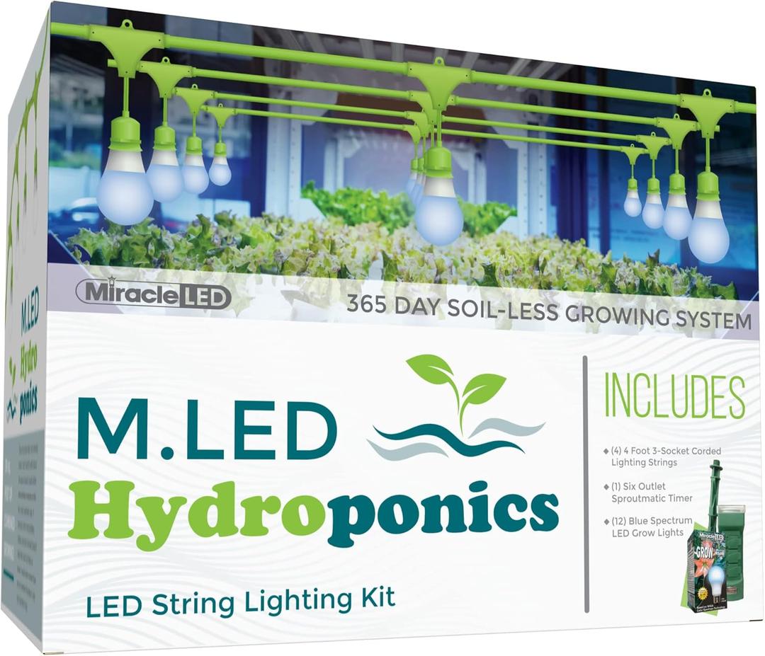 Miracle LED Hydroponics LED Indoor Grow Light Kit - Includes 3 Ultra Grow Blue Spectrum 150W Replacement Grow Light Bulbs & 1 3-Socket Corded Fixture with SproutMatic Timer (4-Pack)
