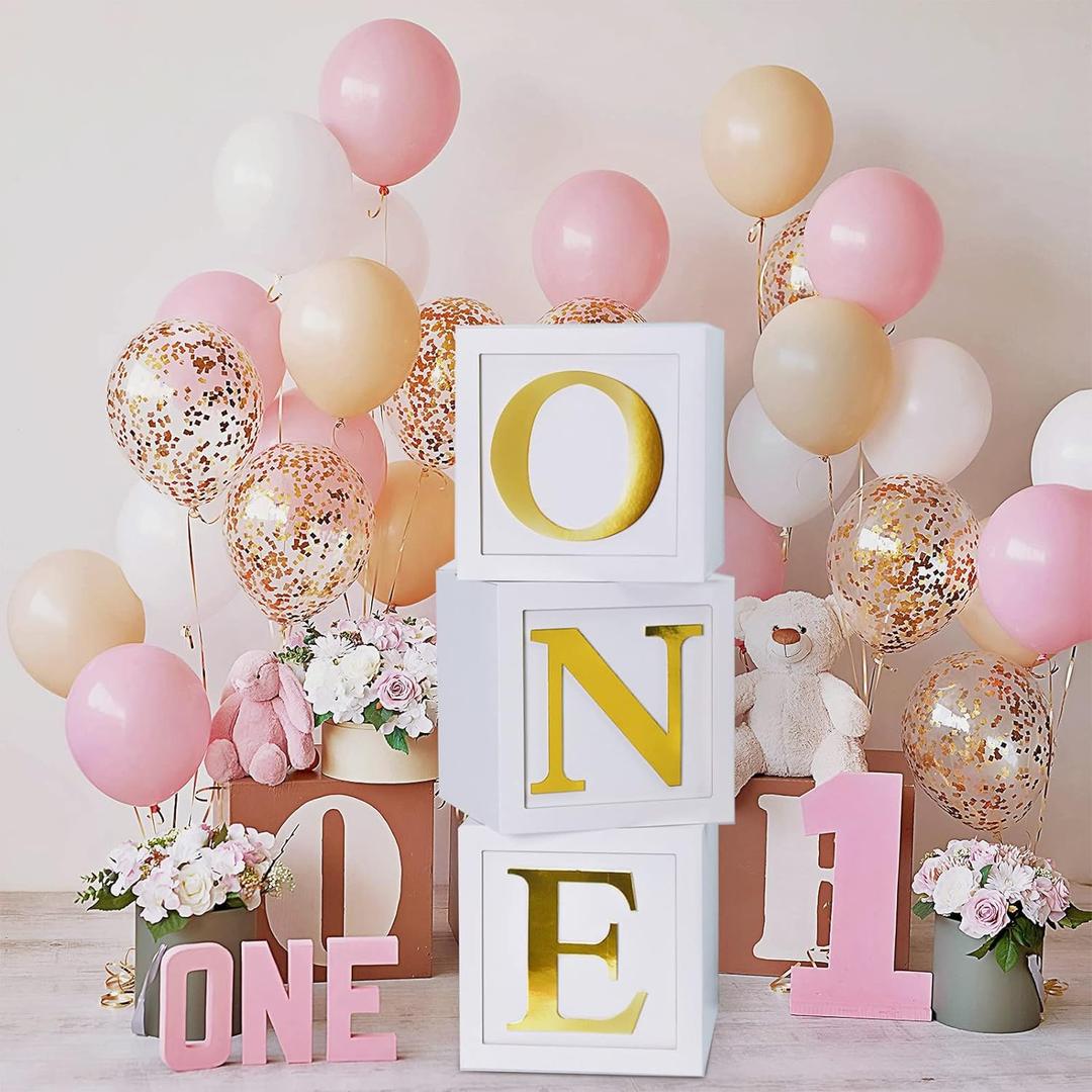 First Birthday Decorations for Girl Boy - 3pcs Stereoscopic Balloon Boxes with ONE Letters for Baby 1st Birthday Party Supplies, Baby Cube Blocks for ABC Photography Props Table Centerpiece