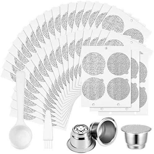 Tanlade 300 Pcs Reusable Espresso Capsules 2 Refillable Coffee Pods Stainless Steel Cups Filters Compatible with Nespresso Original Line Machines with Aluminum Foil Seals Stickers Lids
