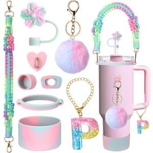 2 x Mity rain 9PCS Cup Accessories for Stanley Cup 30oz 40oz 20oz tumbler with handle - Includes Colorful Water Bottle Handle Strap,Straw Topper,Spill-Proof Stopper,initials Charms,Boot,Pom-Pom Decorate