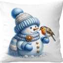 Gqtt Blue Christmas Pillow Covers 18x18 - Blue and White Winter Snowman, Bird Throw Pillow Covers, Snowman Christmas Decorations
