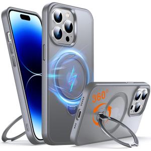 Chicfun 360 O-Ring MagStander for iPhone 14 Pro Case with Magnetic Kickstand Ring Holder [Compatible with MagSafe][360Rotate Stand Ring][Military Shockproof] iPhone 14 Pro Phone Cover Matte Grey
