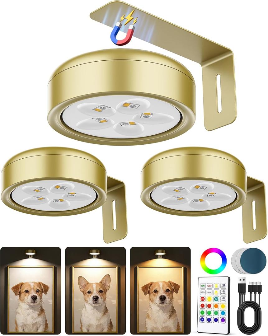 3 Pack Picture Lights for Wall, Wireless 2000mAh Rechargeable Magnetic LED Puck Lights with Remote,3 Color Temps and 12 RGB, Dimming & Timer, Art Frame Light for Painting Display, Photos, Wall Decor