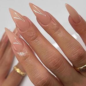 VOTACOS Press on Nails Long Stiletto Nude Fake Nails False Nail with Pure Transparent Glossy Stick on Nail for Women