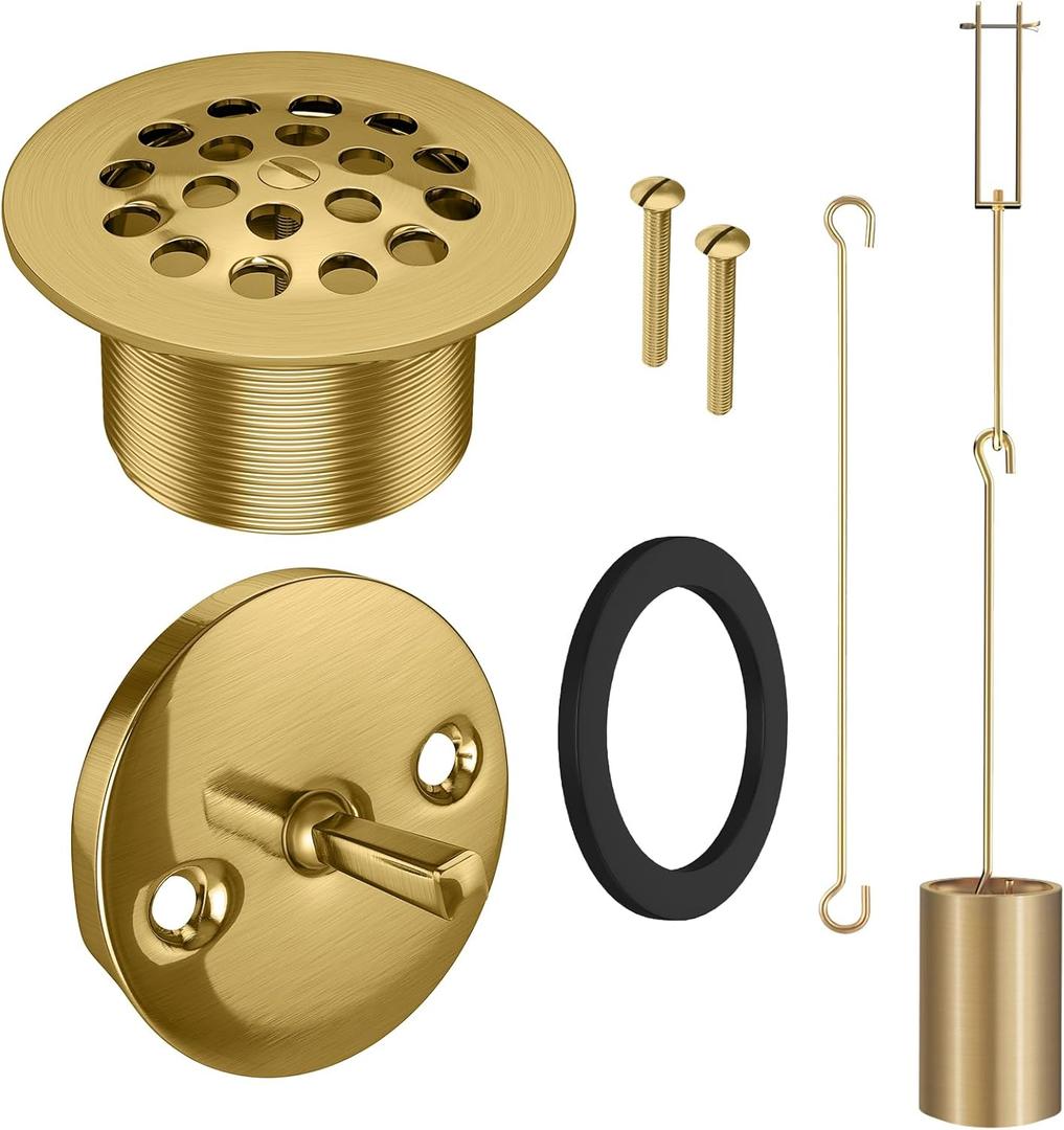 Tub Drain Linkage Assembly with Trip Lever and Strainer Done Cover, Trip Lever Overflow Faceplate Trim Kit with Screws, Fit for Trip Lever Bath Tub Waste and Overflow Drain(Brushed Gold)