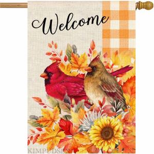 Welcome Fall Cardinal Birds House Flag 28x40 Double Sided Autumn Leaves Burlap Yard Flag for Thanksgiving Holiday Outside Decorations