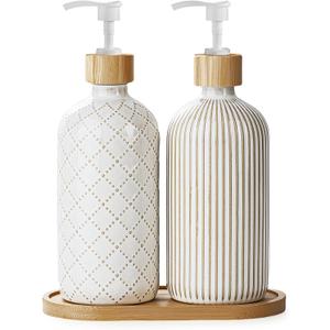 Getstar Hand and Dish Soap Dispenser Set, Ceramic Soap Dispenser for Bathroom and Kitchen with Rust Proof Pump and Tray, Set of 2 (White Pump)