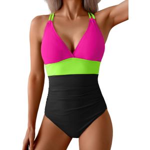 Women's One Piece Color Block Swimsuit Tummy Control Slimming Bathing Suit V Neck Cutout High Waisted Swimwear (Medium, Hot Pink and Black)