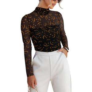 REORIA Womens Trendy Sexy Mock Turtle Neck Long Sleeve Sheer Mesh Ruched Going Out Bodysuits Tops (M)