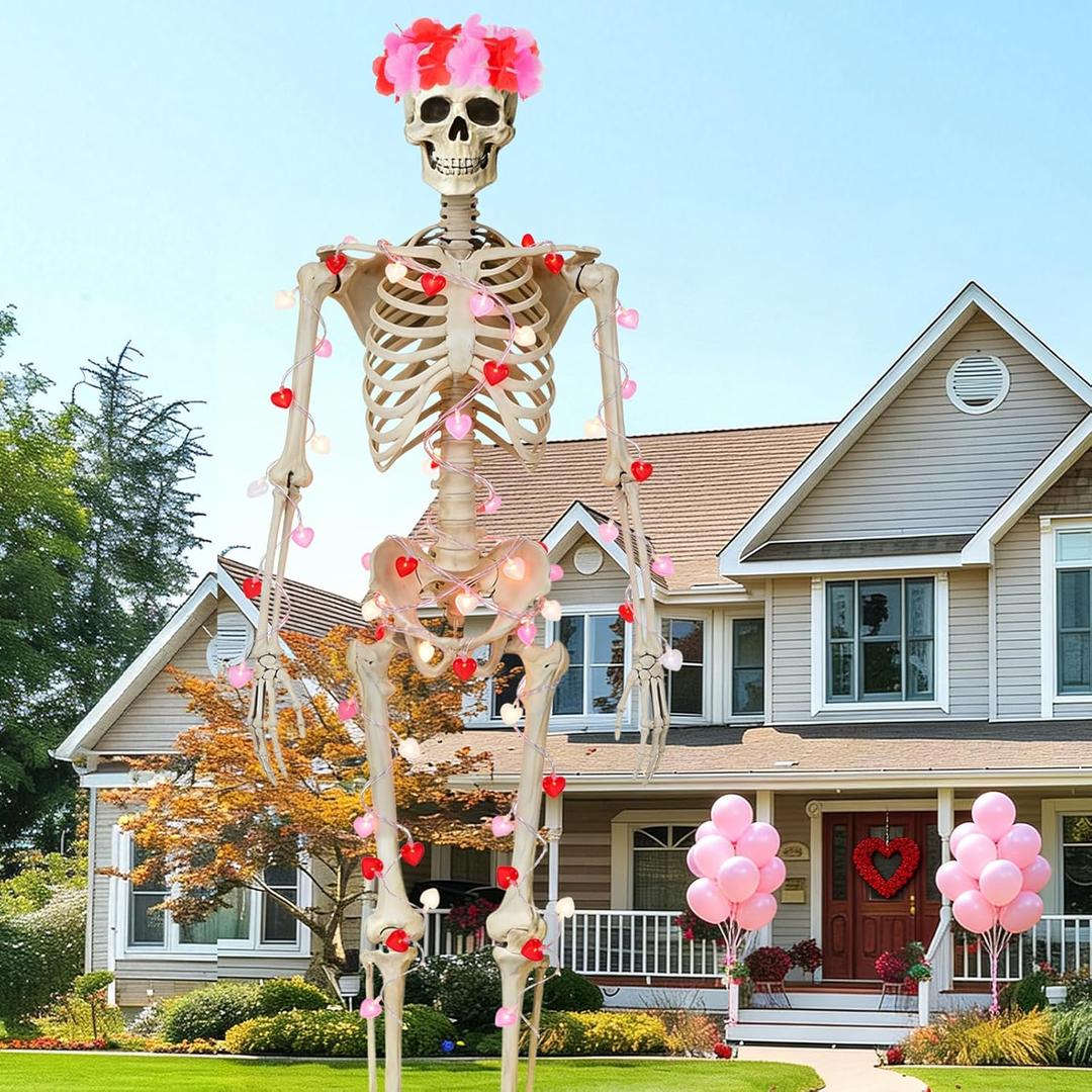 12 Foot Skeleton Valentine's Day Outfit Giant 12FT Skeleton Clothes Accessories Including Red Pink Wreath Heart Balloon 19.5 FT Hearts Lights for for Valentine's Day Garden Lawn Indoor Outdoor Decor