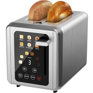 Touch screen Toaster 2 slice,Stainless Steel Digital Timer Toasters with Sound Function,6 Bread Types & 6 Shade Settings,Smart Extra Wide Slots Toaster with Bagel,Defrost Functions,Grey