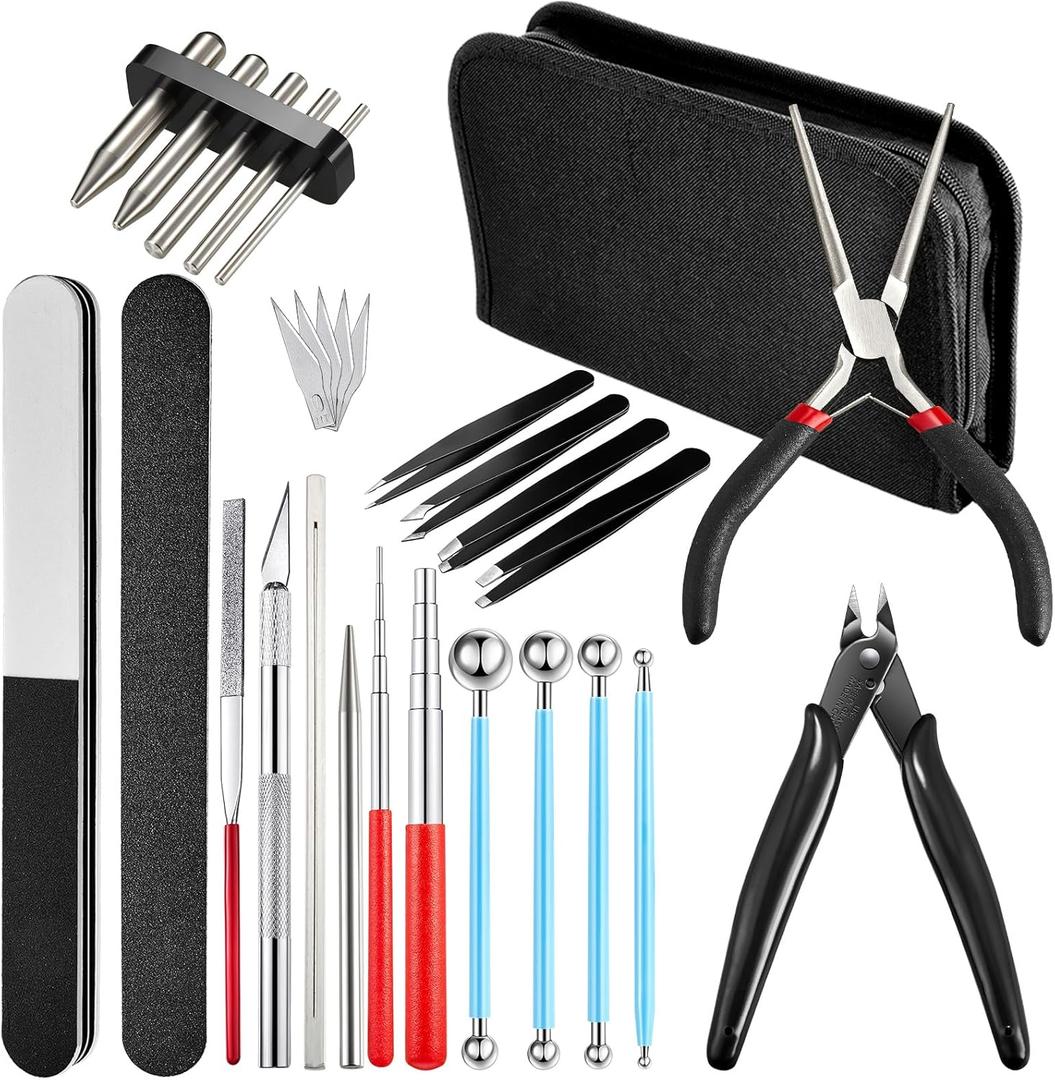 24pcs Metal Puzzle Tool Set DIY Model Kits With Clippers, Edge Bending Tab, Twisting Cylinder, Cone Shape Bend Assist, Wire Wrapping Mandrel, Ball Stylus and Bag
