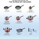 T-fal Initiatives Nonstick Cookware Set 18 Piece, Oven Broiler Safe 350F, Kitchen Cooking Set w/Fry Pans, Saucepans, Saute Pan, Dutch Oven, Griddle, Pots and Pans, Home, Dishwasher Safe, Red